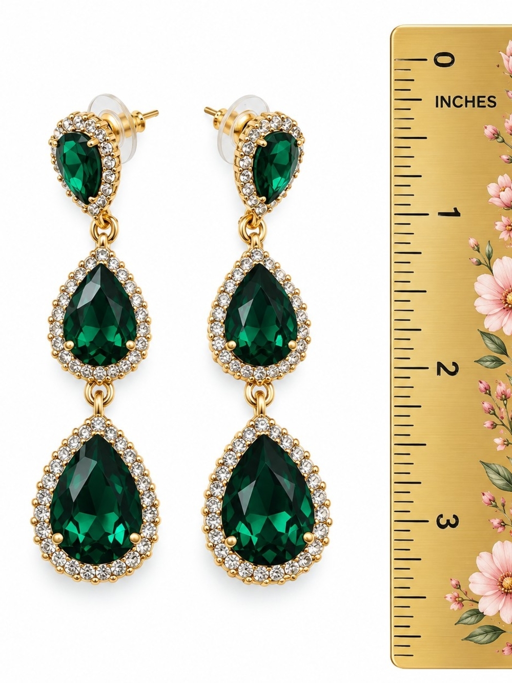 Gold-Tone Emerald Green Teardrop Dangle Earrings